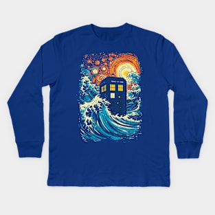 the great kanagawa wave and the tardis Kids Long Sleeve T-Shirt